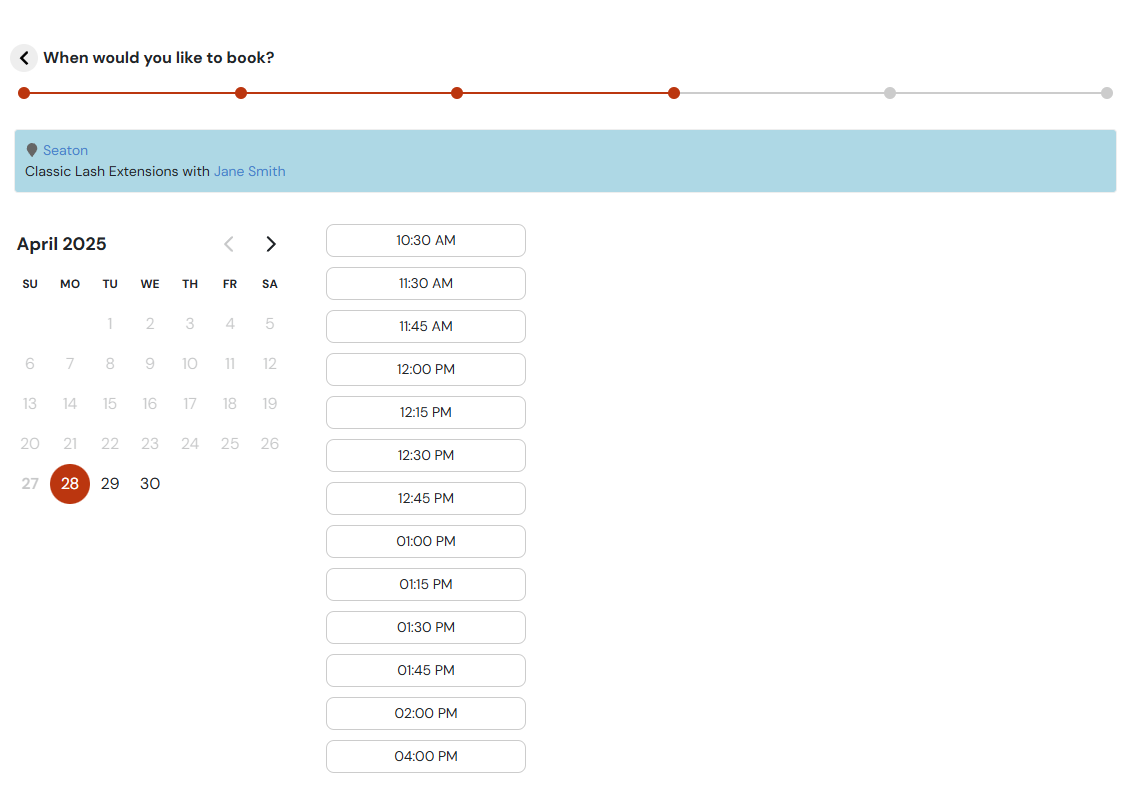 Booking page for customers